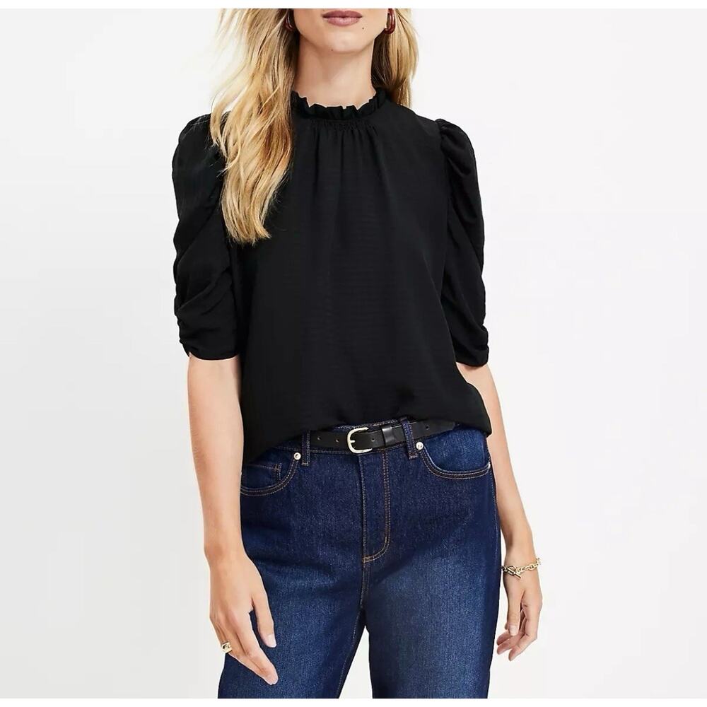 Loft checked cinched sleeves ruffle neck top blouse Sz. L black